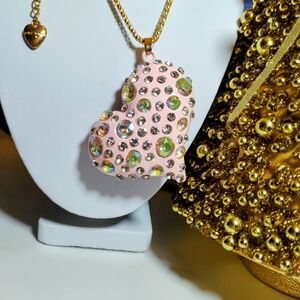 Vintage Betsey Johnson Chunky Pink Rhinestone Heart Necklace